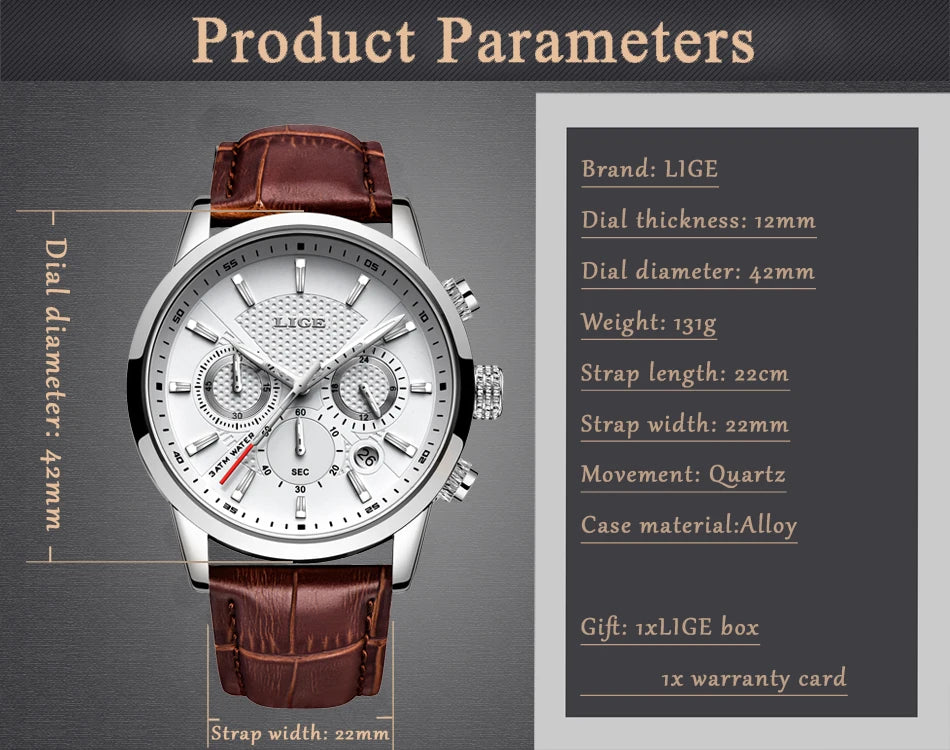 LIGE 2025 Watch Men Fashion Sports Quartz Clocks Mens Watches Top Brand Leather Military Waterproof Date Watch Relogio Masculino