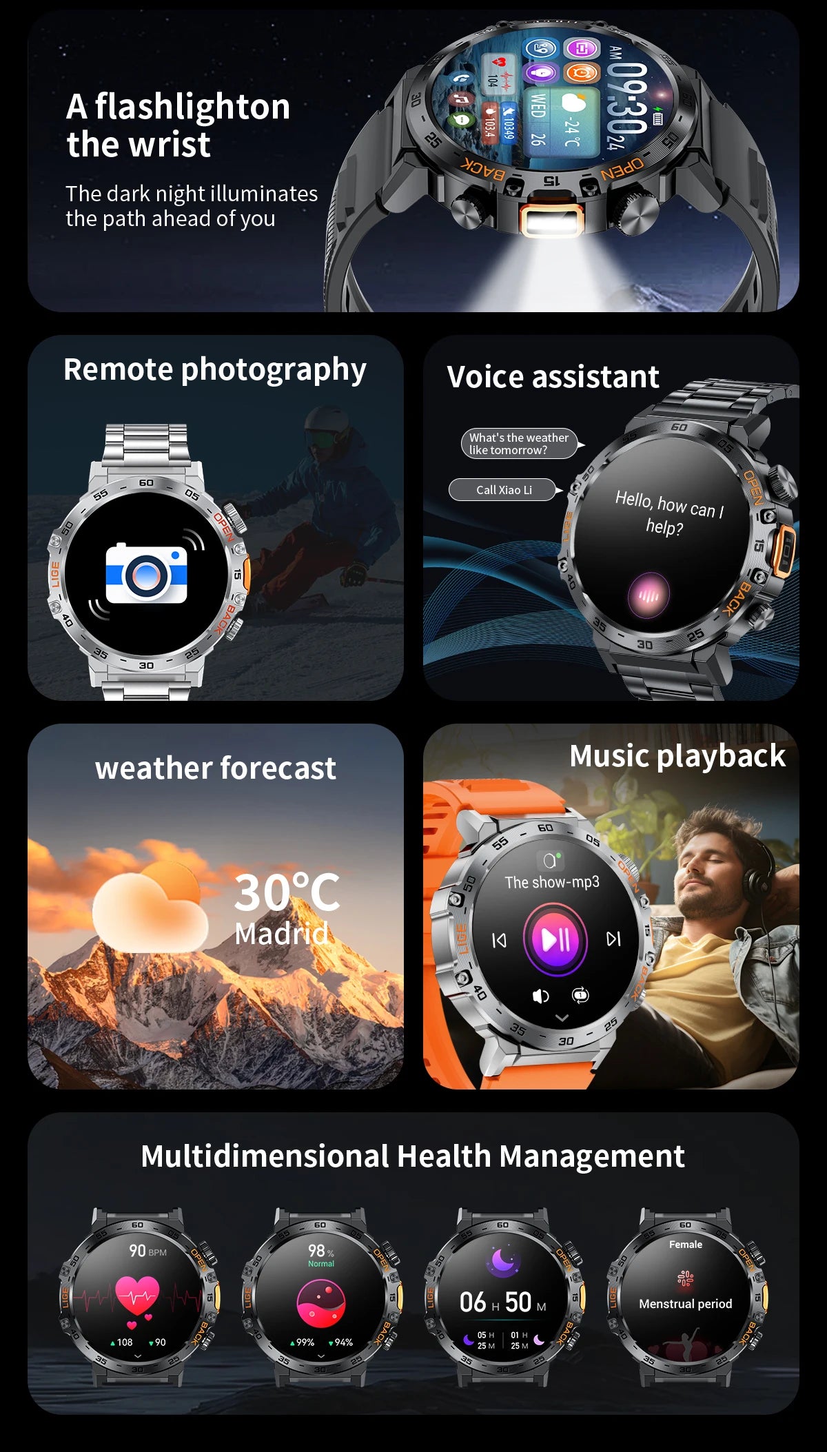 Canadian Heritage AMOLED Smart Watch - 360x360 HD Screen Waterproof Sports Fitness Watch with Flashlight