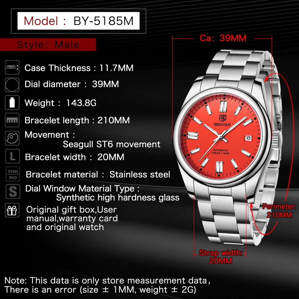 Canadian Heritage BENYAR Automatic Watch - Luxury Stainless Steel Sports Mechanical with Calendar