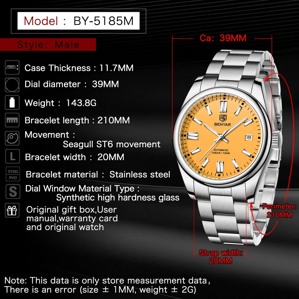 Canadian Heritage BENYAR Automatic Watch - Luxury Stainless Steel Sports Mechanical with Calendar