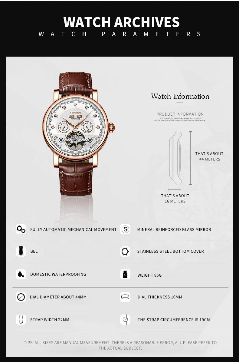 Canadian Heritage TEVISE Automatic Watch - Mechanical Movement Calendar Luminous Business Watch