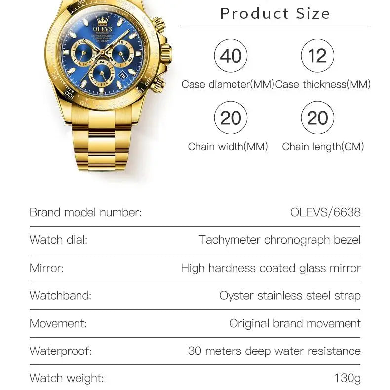 Canadian Heritage OLEVS 6638 Automatic Watch - Multi-Function Chronograph Waterproof Luxury Watch