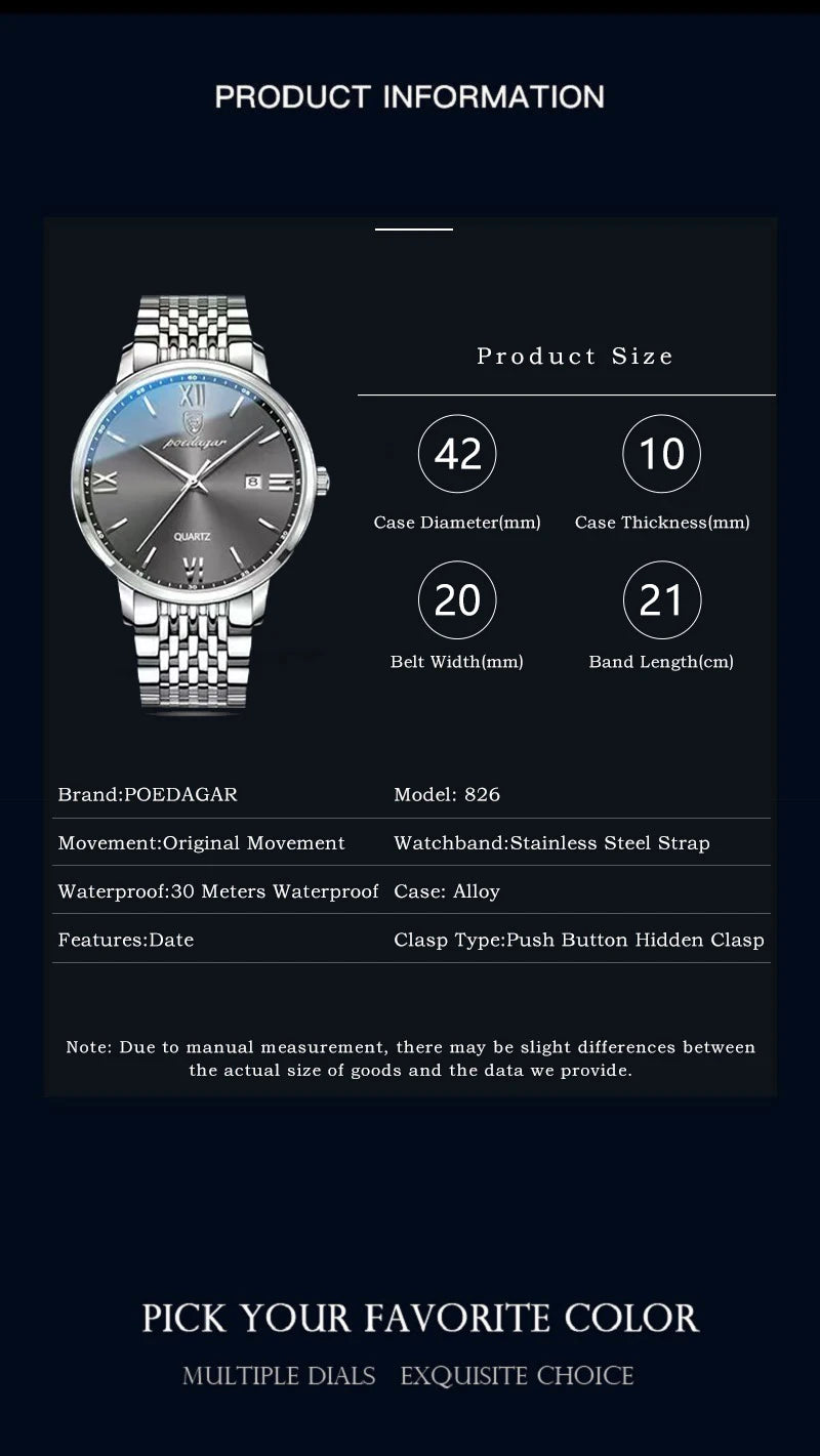 POEDAGAR Luxury Casual Men's Wristwatch Waterproof Date Man Watch High Quality  Stainless Steel Sports Quartz Men Watches Reloj