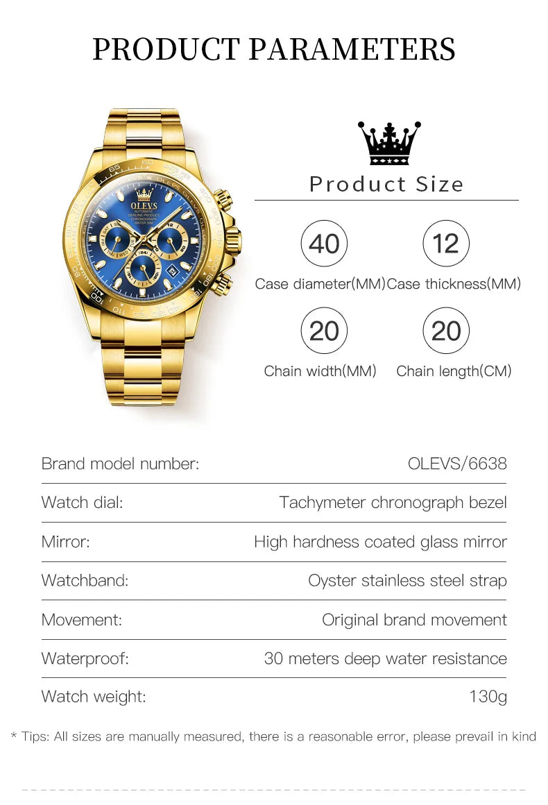 Canadian Heritage OLEVS 6638 Automatic Watch - Multi-Function Chronograph Waterproof Luxury Watch