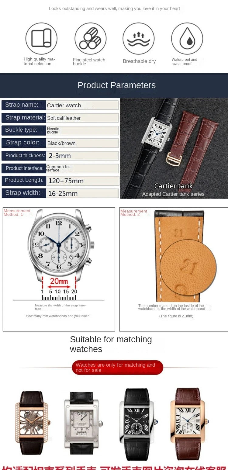 Genuine Leather Watch Band For Cartier Tank Men's Calibre Bull Belt London SOLO Mechanical Watch Strap 17mm 20mm 23mm 25mm