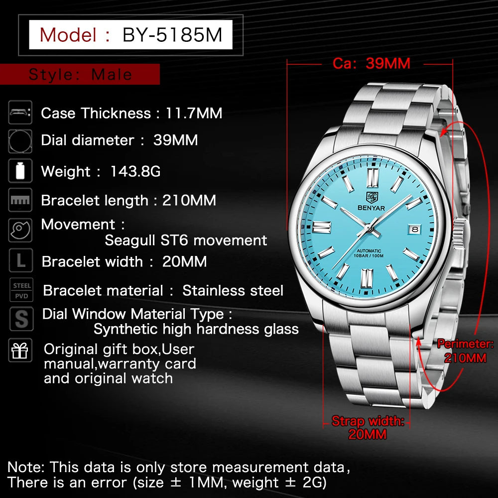 Canadian Heritage BENYAR Automatic Watch - Luxury Stainless Steel Sports Mechanical with Calendar