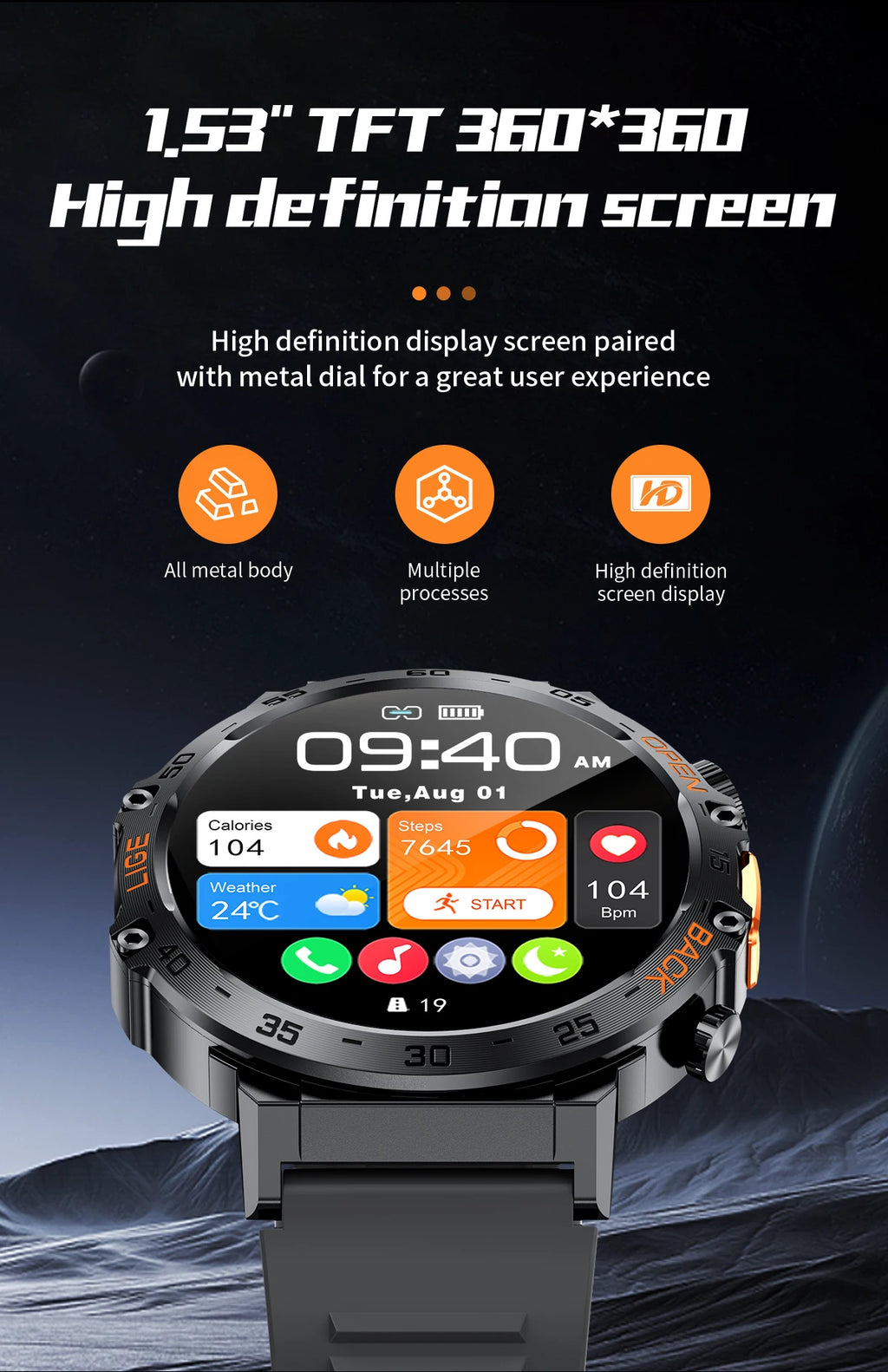 Canadian Heritage AMOLED Smart Watch - 360x360 HD Screen Waterproof Sports Fitness Watch with Flashlight
