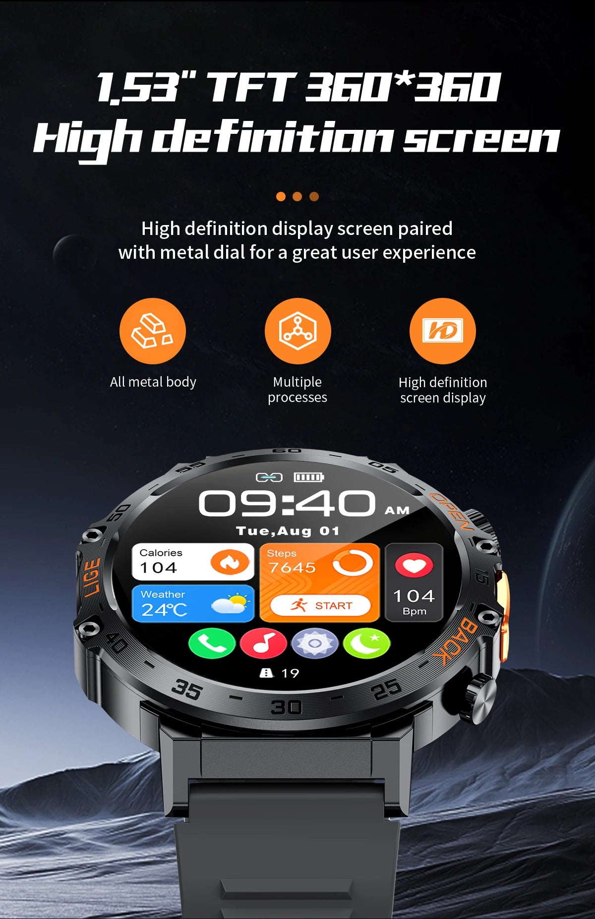 Canadian Heritage AMOLED Smart Watch - 360x360 HD Screen Waterproof Sports Fitness Watch with Flashlight