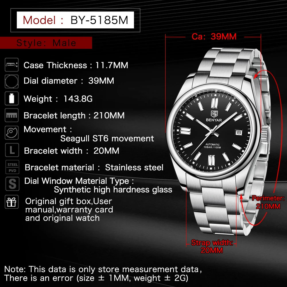 Canadian Heritage BENYAR Automatic Watch - Luxury Stainless Steel Sports Mechanical with Calendar