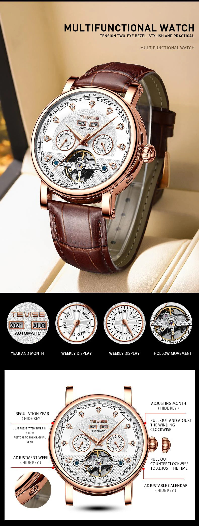 Canadian Heritage TEVISE Automatic Watch - Mechanical Movement Calendar Luminous Business Watch