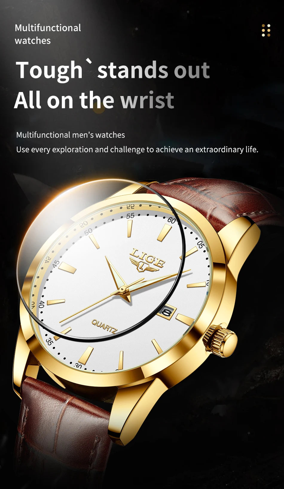 LIGE Canadian Heritage Brown Leather Watch - Men's Military Sports Chronograph | Waterproof Quartz Wristwatch