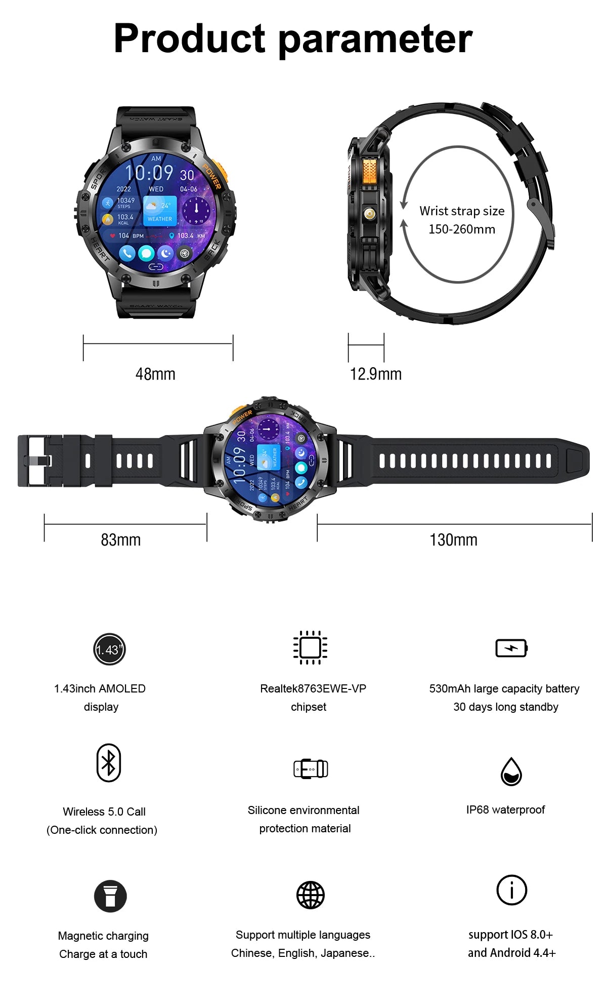 Canadian Heritage AMOLED Smart Watch - Flashlight Sports Waterproof Fitness Tracker with Bluetooth