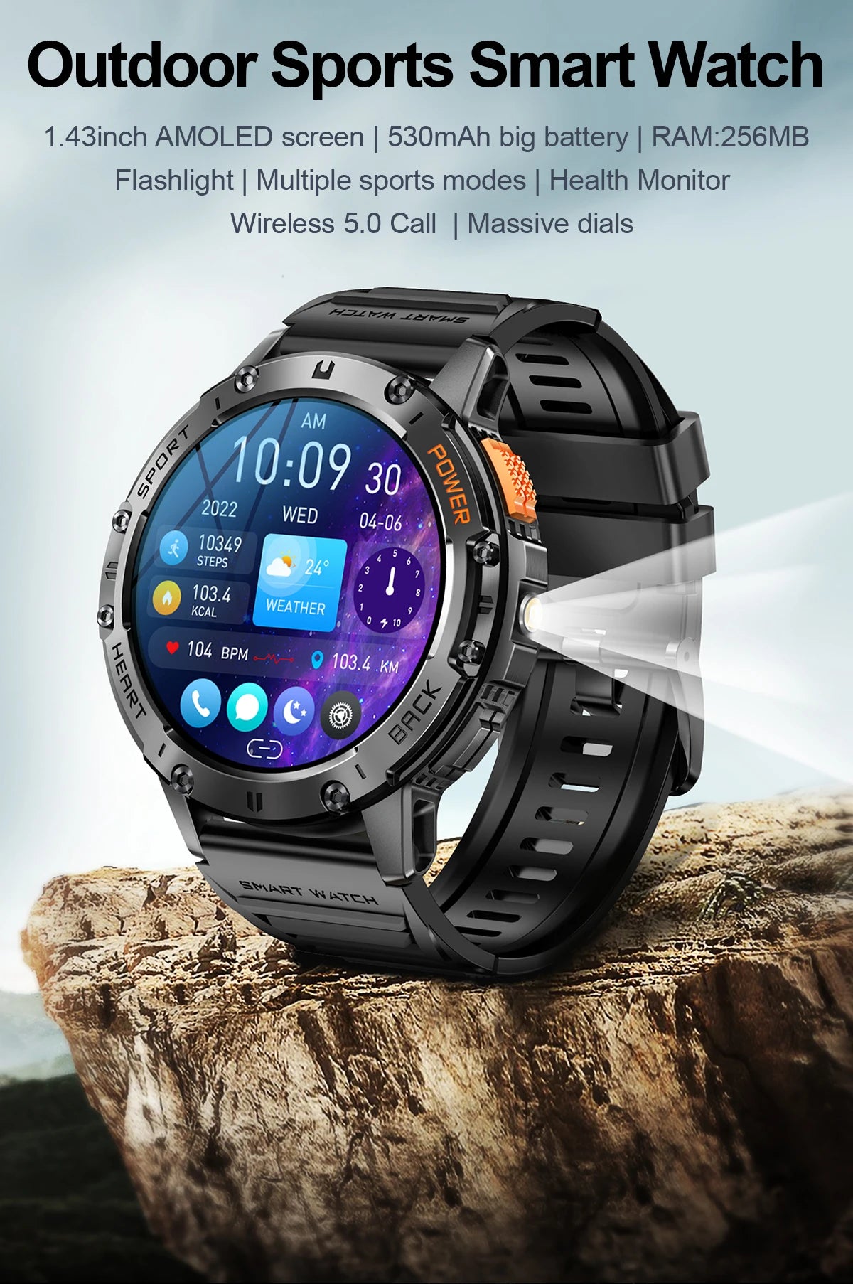 Canadian Heritage AMOLED Smart Watch - Flashlight Sports Waterproof Fitness Tracker with Bluetooth
