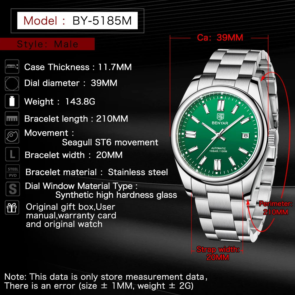 Canadian Heritage BENYAR Automatic Watch - Luxury Stainless Steel Sports Mechanical with Calendar